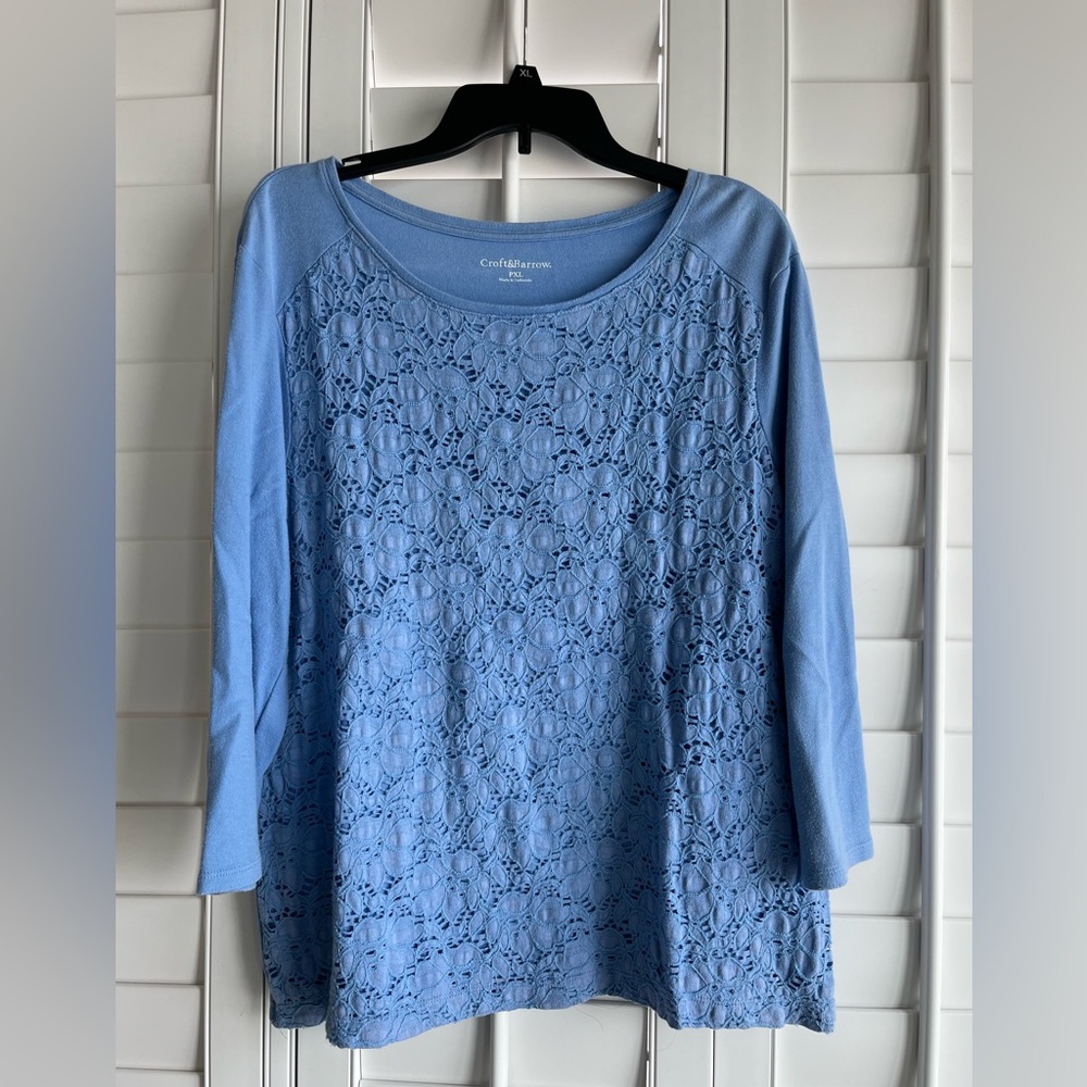 CROFT & BARROW Blue Lace Overlay 3/4 Sleeve Boat Neck Top Size PXL
